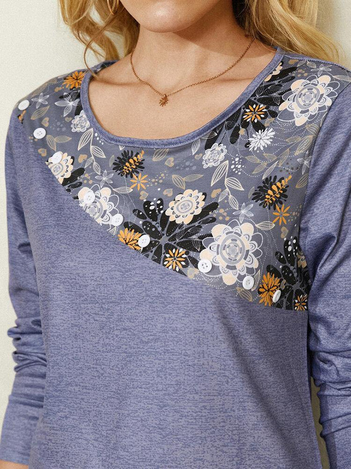 Calico Print O-neck Long Sleeve Irregular Hem Blouse For Women - Trendha