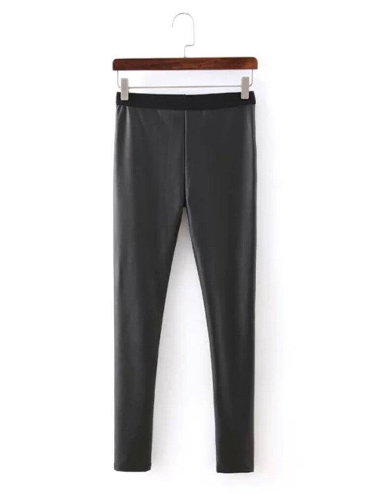 Women Solid Color Leather Bodycon Base Long Casual Leggings - Trendha