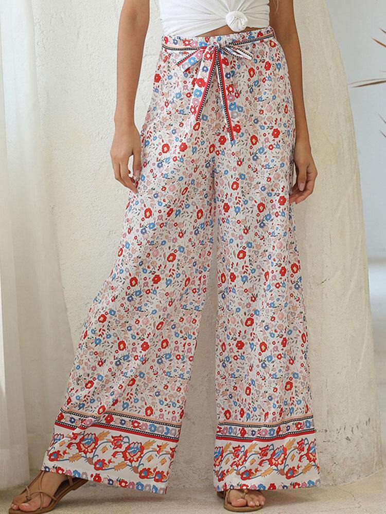 Bohemian High Waist Knotted Floral Print Holiday Ethnic Wide Leg Pants - Trendha