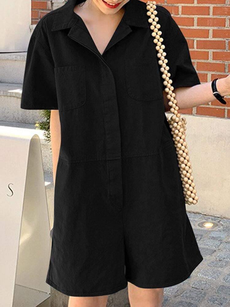 Women Solid Color Button Lapel Short Sleeve Loose Casual Jumpsuit With Pocket - Trendha