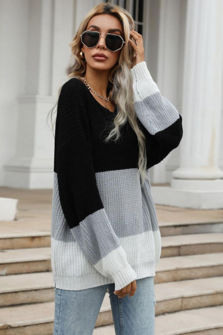 Color Block Long Sleeve Chunky Knit Sweater - Trendha