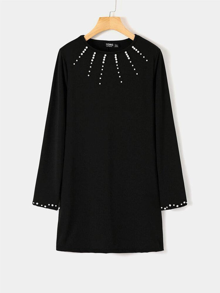 Elegant Pearl Details Round Neck Long Sleeves Mini Dress - Trendha