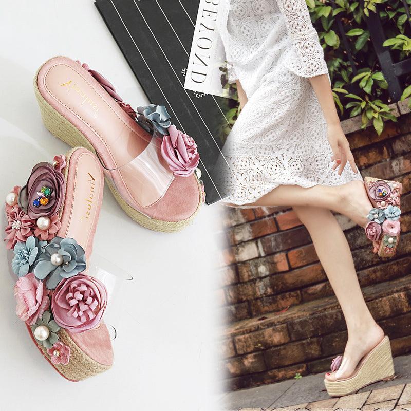 Pink Floral Platform Sandals with Rope-Look Detail