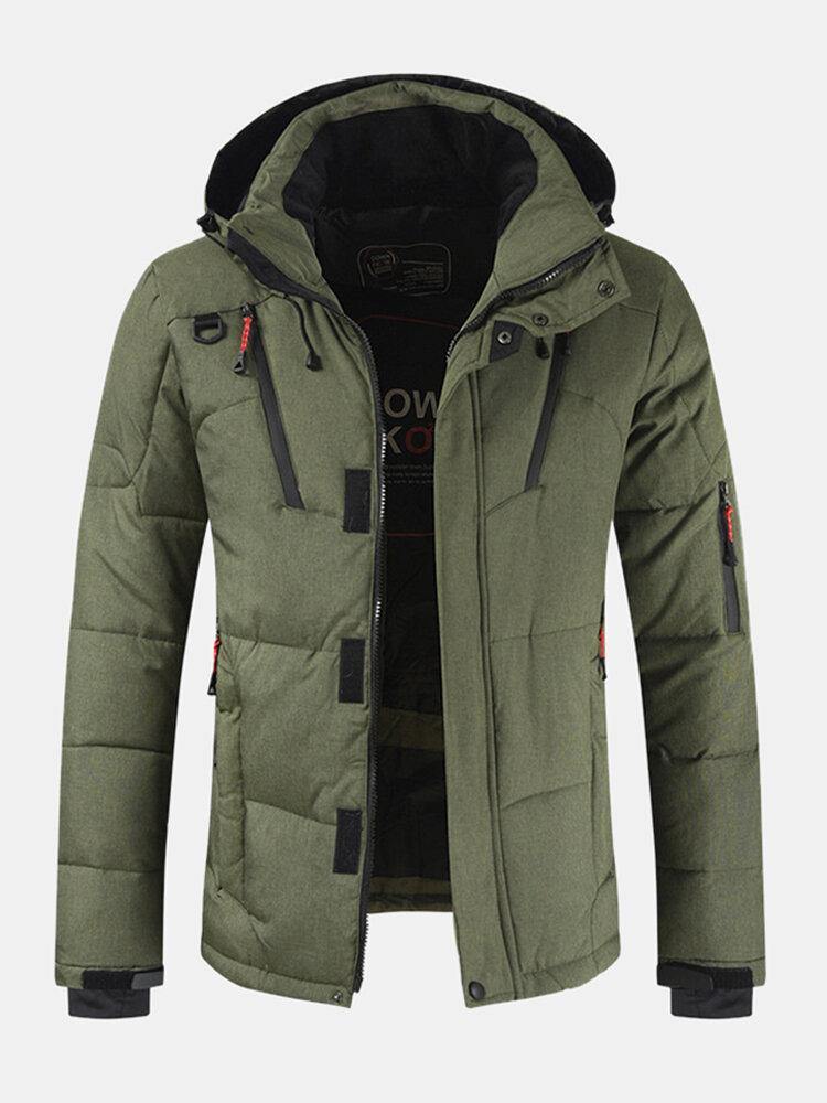 Mens Winter Warm Thicken Zipper Detail Solid Color Hooded Down Coat - Trendha