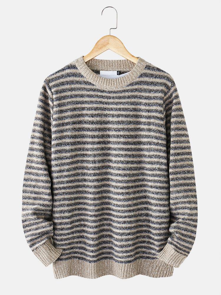Mens Stripe Round Neck Warm Vintage Knitted Sweaters - Trendha