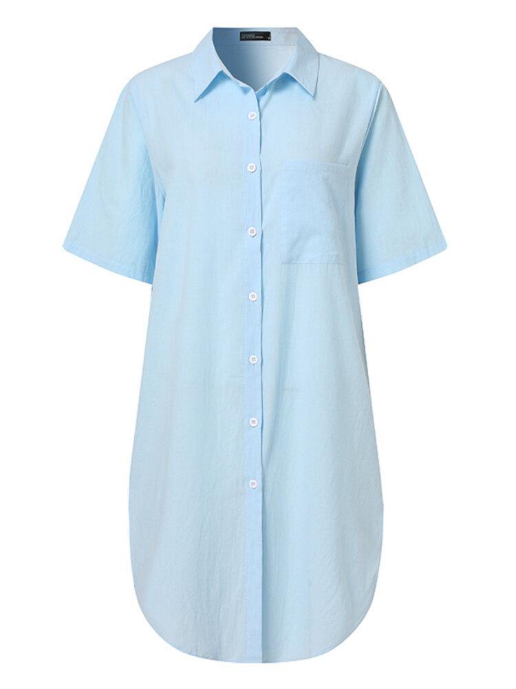 Solid Casual Lapel Short Sleeve Button Shirt Dress With Pocket - Trendha
