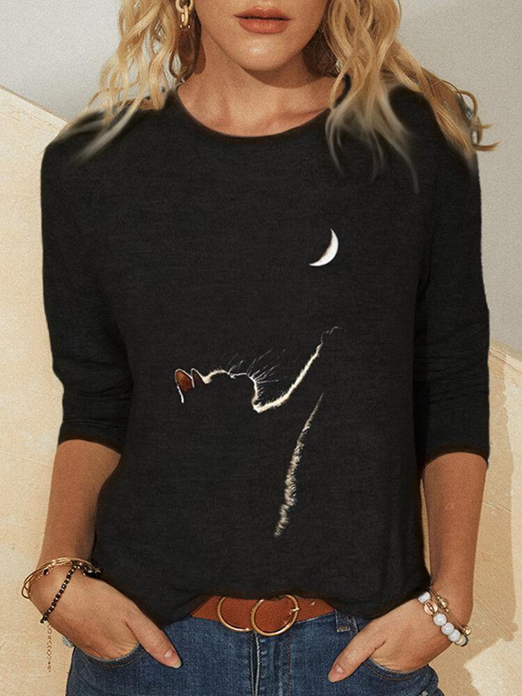 Women Design Cat Print O-Neck Long Sleeve Casual T-Shirts - Trendha