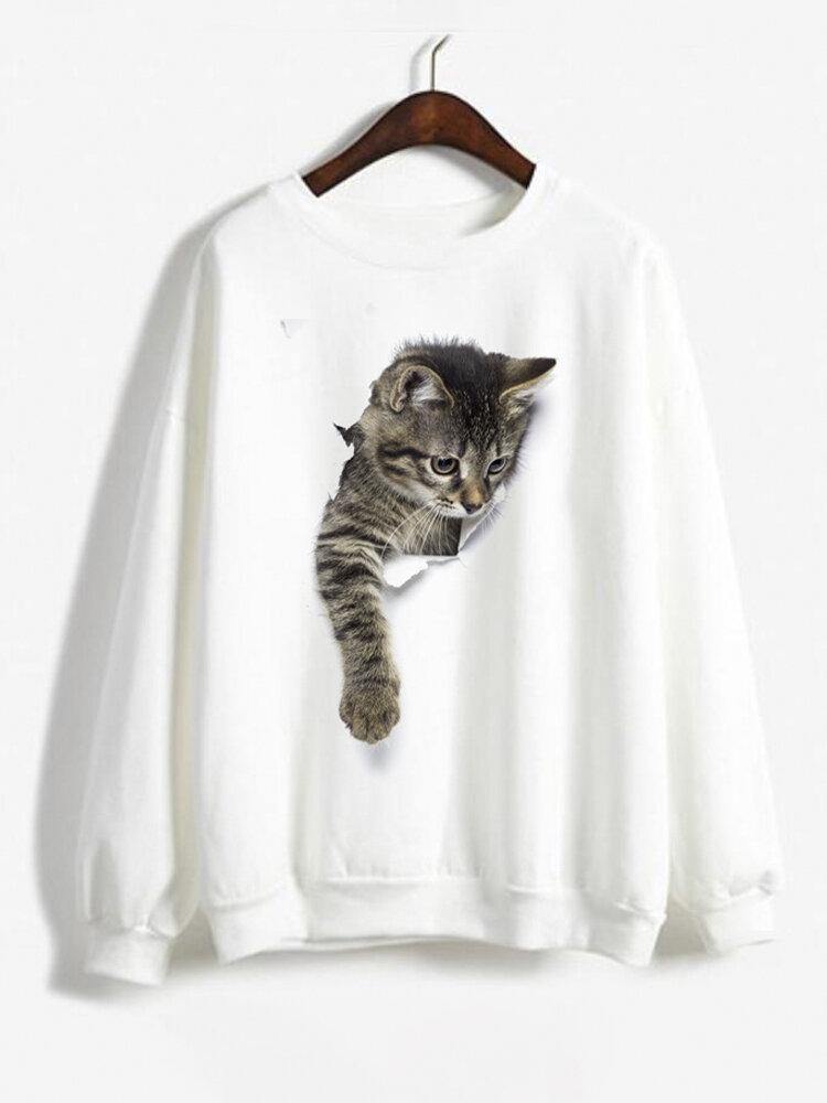 Women 3D Cute Little Cat Print Crew Neck Casual Simple Long Sleeve Pullover Sweatshirt - Trendha