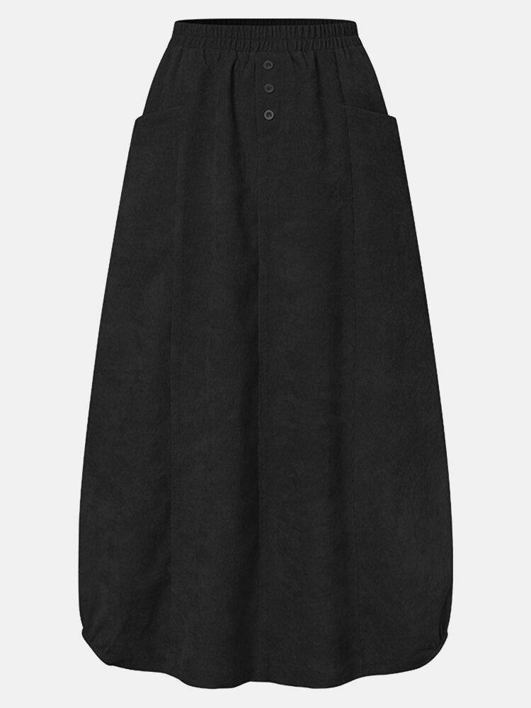 Women Corduroy Button Trim Elastic Waist Solid Retro Skirt With Pocket - Trendha