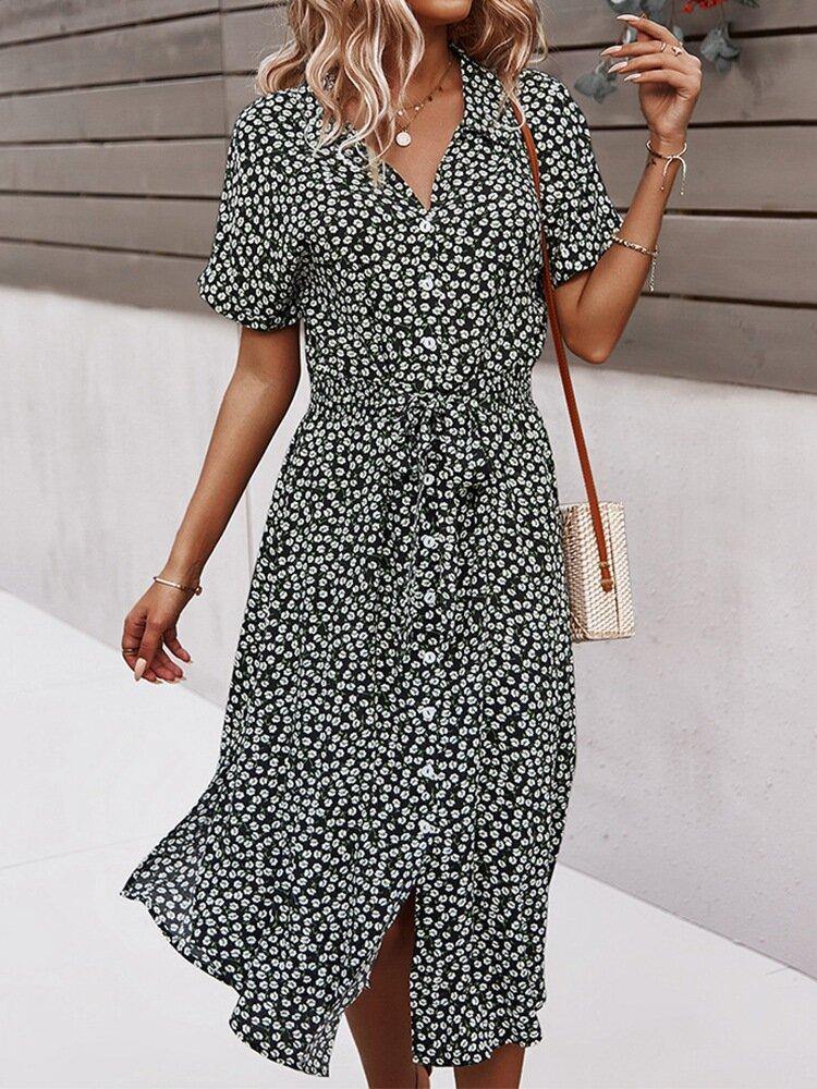 Floral Print Lapel Button Knotted Short Sleeve Dress For Women - Trendha