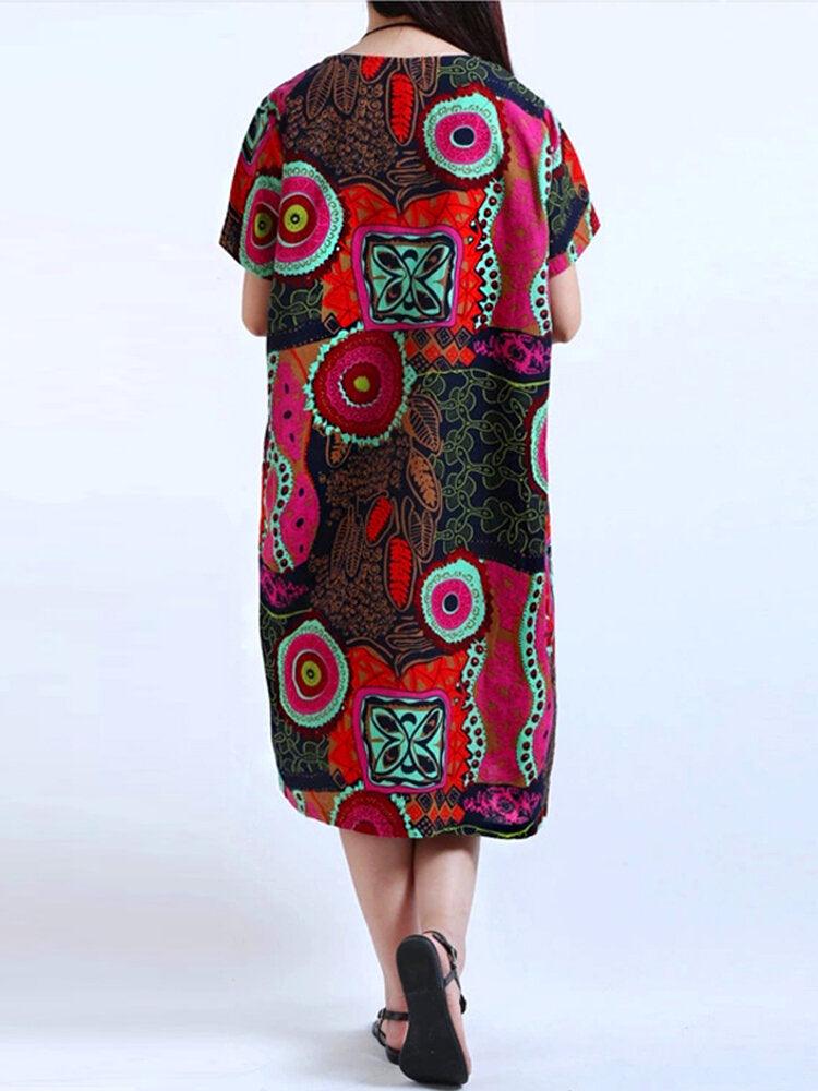 Cotton Women Pattern Printed Short Sleeve O-Neck Dresses - Trendha