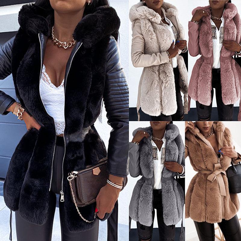 New Style Fur Belt Belt Hooded Zipper Jacket Women's Clothing - Trendha