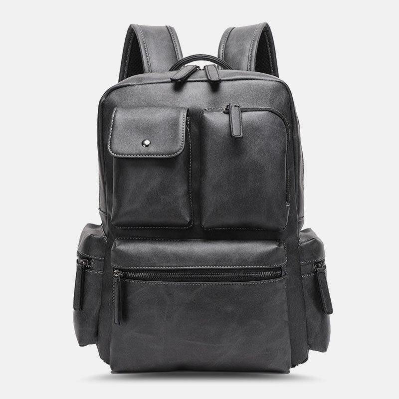 Men PU Leather Multi-pocket Breathable Backpack Retro Large Capacity 14 Inch Laptop Bag - Trendha