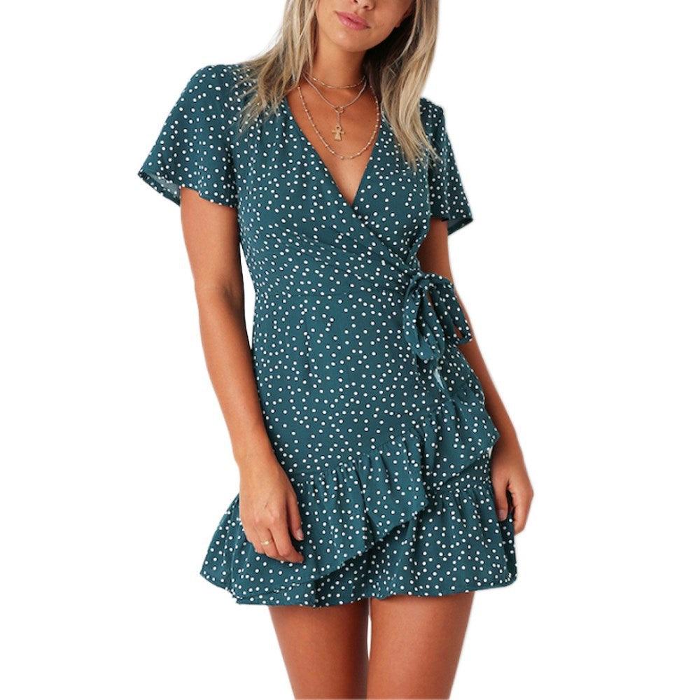 Women's Short-sleeved Printed Lace-up Dress - Trendha
