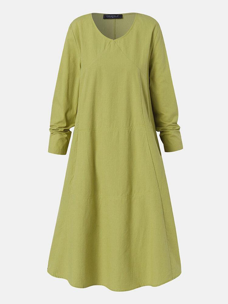 Women Solid Color V-Neck Long Sleeve Plain Casual Dress With Side Pocket - Trendha