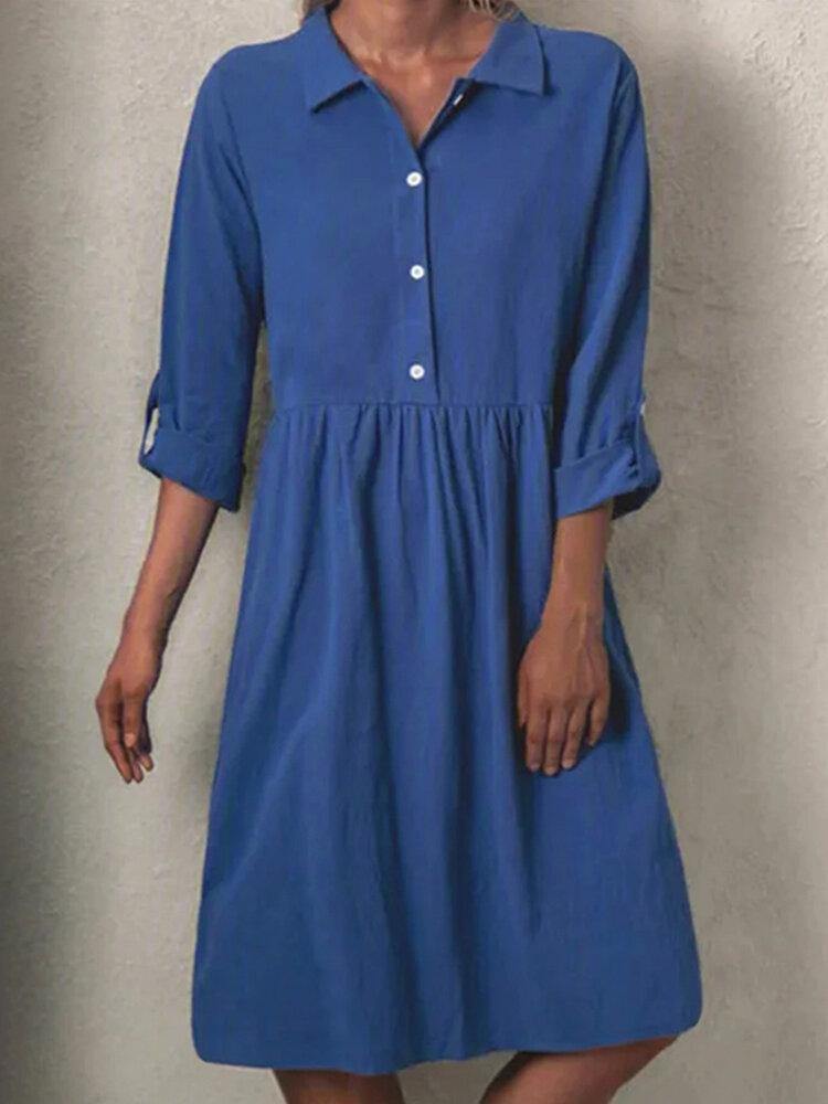 Women Solid Color Pleats Lapel Simple Midi Dress - Trendha