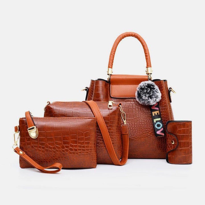 Women 4PCS Casual Handbag Solid Crocodile Pattern Fluffy Ball Shoulder Bag - Trendha