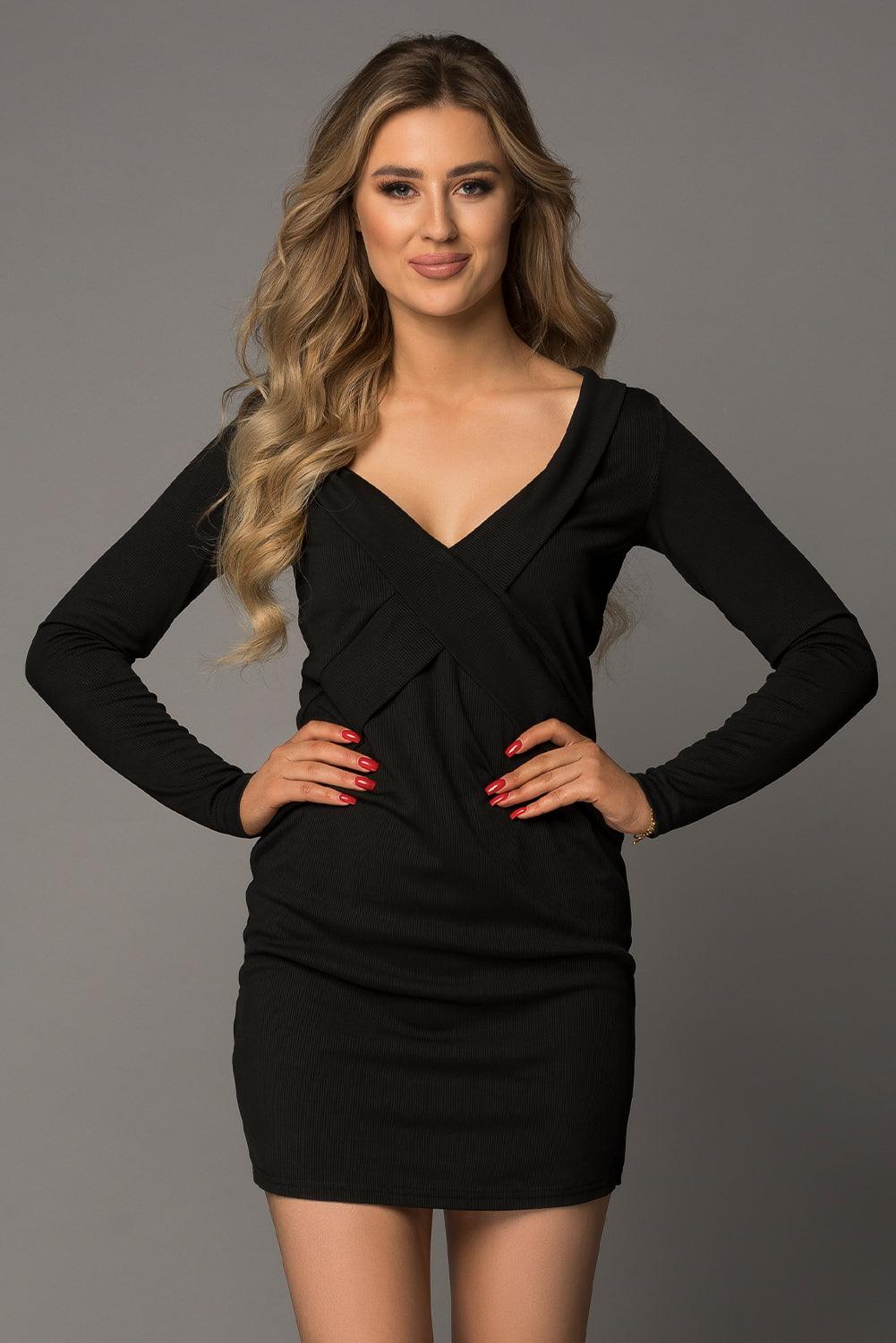 Long Sleeve Plunge Ribbed Bodycon Dress - Trendha