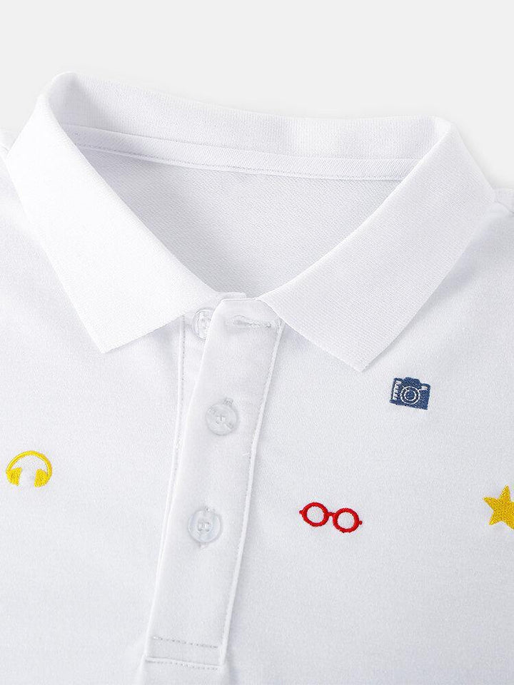 100% Cotton Mens Simple Cartoon Embroidery Short Sleeve White Casual Golf Shirts - Trendha
