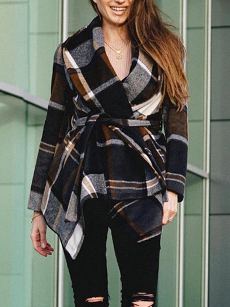 Women Plaid Long Sleeve Asymmetrical Hem Coats With Sashes - Trendha