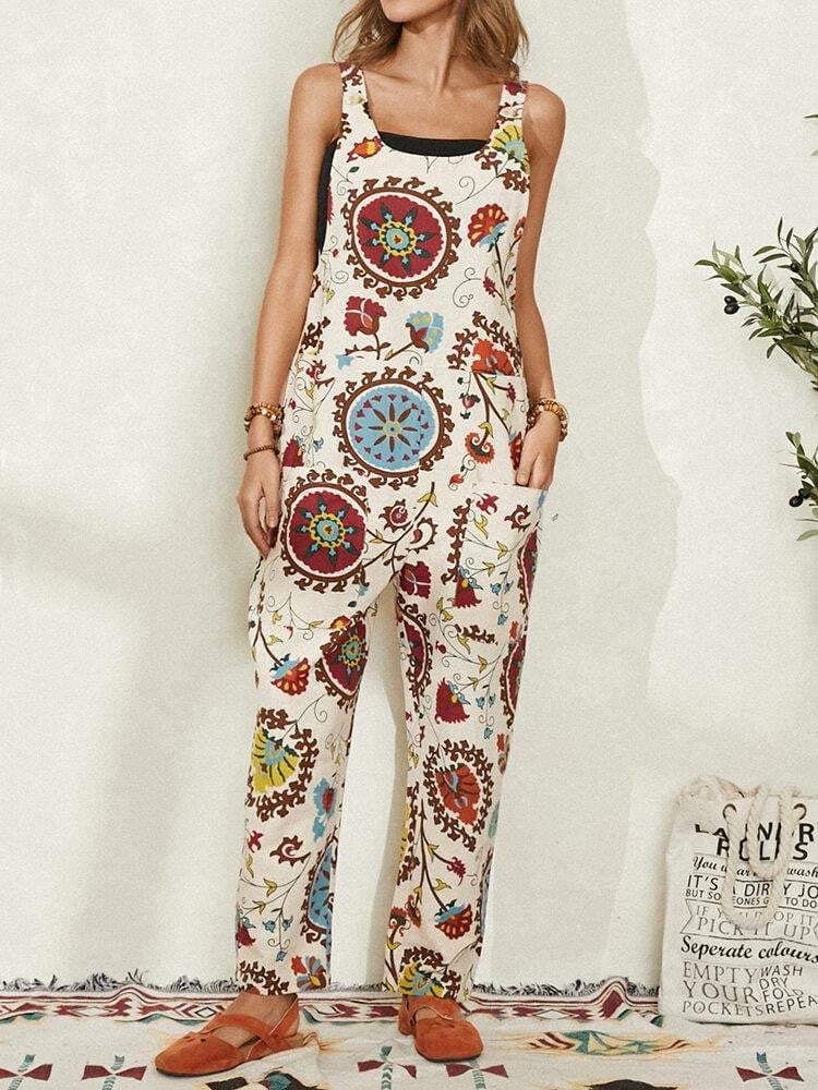 Women Ethnic Pattern Print Straps Casual Loose Jumpsuit With Pocket - Trendha