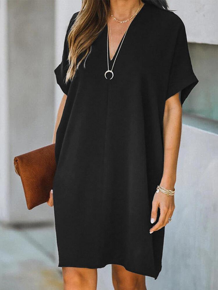 V-Neck Loose Short Sleeve Solid Casual Dress: Elegant & Comfortable For All Occasions 👗" - Trendha