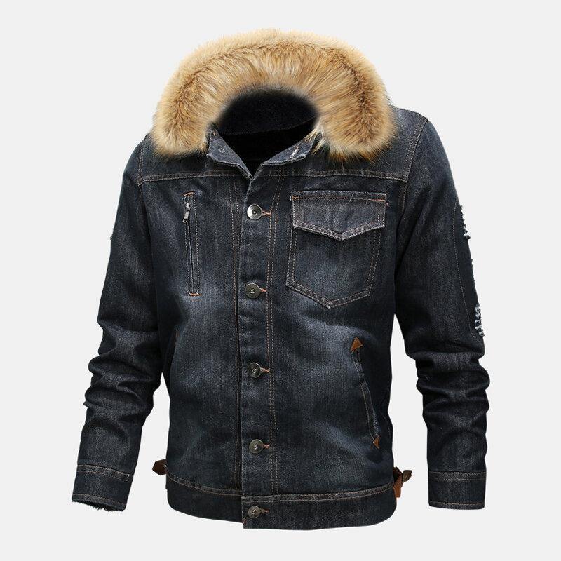 Mens Fashion 100% Cotton Pockets Denim Fleece Thickened Stand Collar Casual Jacket - Trendha