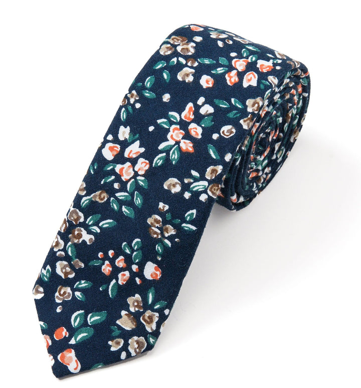Floral Ties for Men Flower Print Slim Cotton Tie Skinny Necktie Pocket Square Set for Parties - Trendha