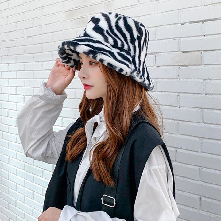 Unisex Felt Zebra Pattern Plus Thicken and Velvet Warm Windproof Soft All-match Bucket Hat - Trendha
