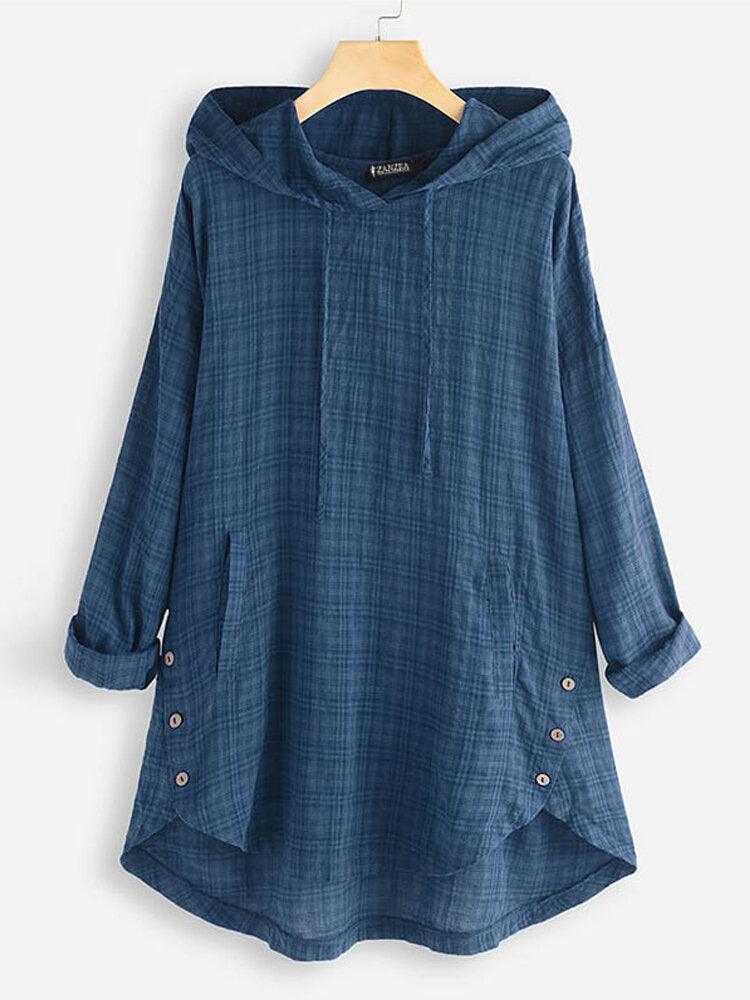 Stylish Plus Size Women's Hooded Blouse with Plaid Print and Asymmetrical Hem - Trendha