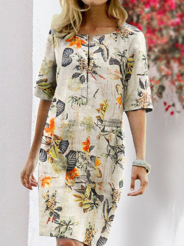 Women Vintage Cotton Floral Plant Print O-neck Half Sleeve Split Casual Dress - Trendha