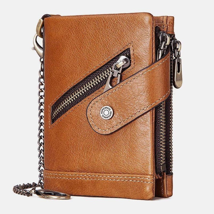 Men Genuine Leather Cowhide RFID Anti-theft Retro Zipper With Chain Card Holder Wallet - Trendha