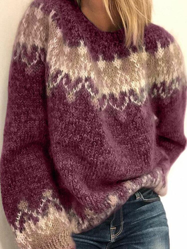 Women Vintage Pattern Round Neck Knit Long Sleeve Pullover Sweaters - Trendha
