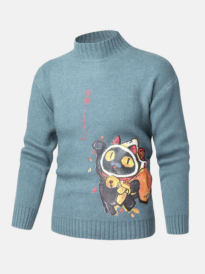 Mens Cartoon Cat & Ethnic Style Character Pattern High Neck Knitted Pullover Sweaters - Trendha