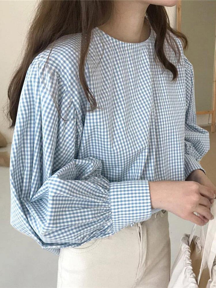 Puff Sleeve O-Neck Plaid Casual Loose Blouse For Women - Trendha
