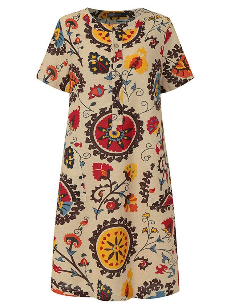 Women Ethnic Style Floral Print Short Sleeve Half Button Front Vintage Dresses - Trendha