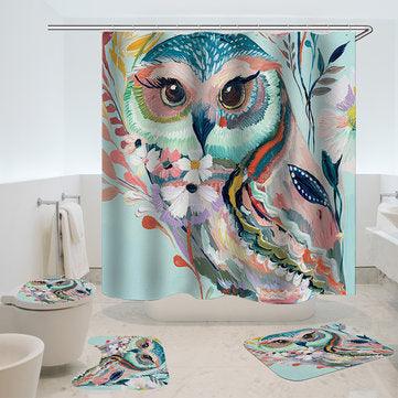 Owl Printed Shower Curtain Non-Slip Rug Three Set Bath Products Bathroom Decor with Hooks Waterproof - Trendha
