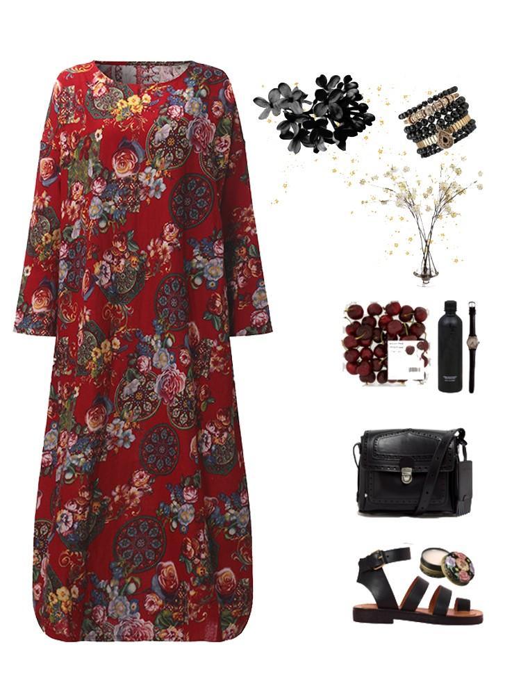 Vintage Long Sleeve Loose Baggy Kaftan Floral Maxi Dress - Trendha
