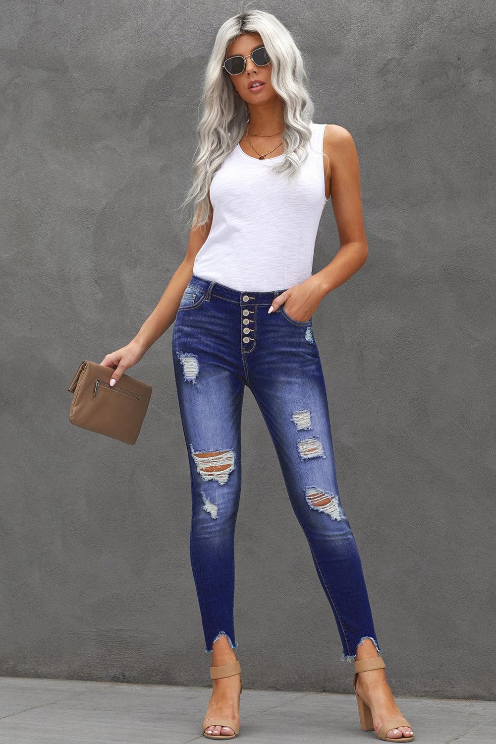 Button Front Frayed Ankle Skinny Jeans - Trendha