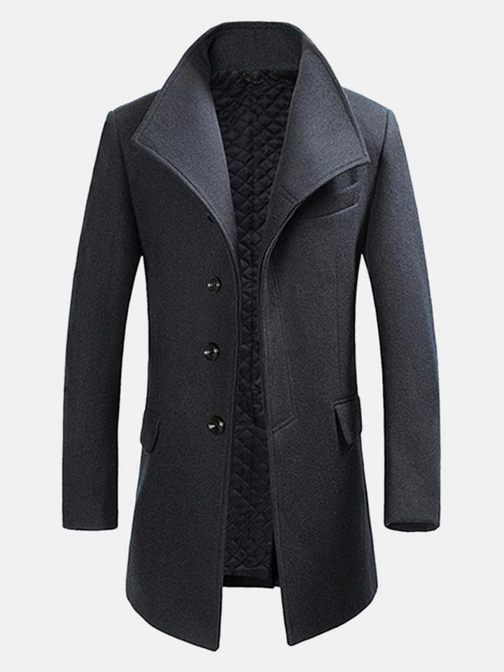Mens Winter Single-breasted Woolen Blended Trench Coat Fashion Solid Color Overcoat - Trendha