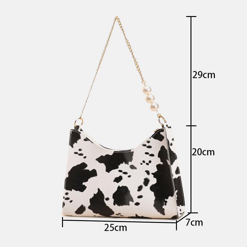 Women Stylish Chain Pearls Decor Exquisite Hardware Cow Pattern Stitch Craft Waterproof Underarm Bag Handbag - Trendha