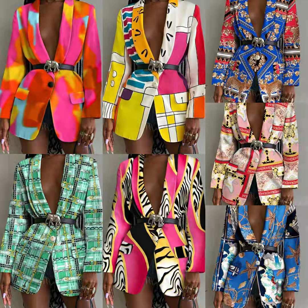 Fashion-Forward Printed Shawl Collar Single-Breasted Belted Blazer for Women - Trendha