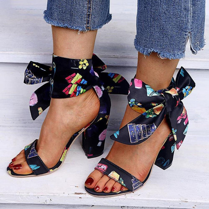 Women Opened Toe Lace Up Chunky Heels Shoes - Trendha