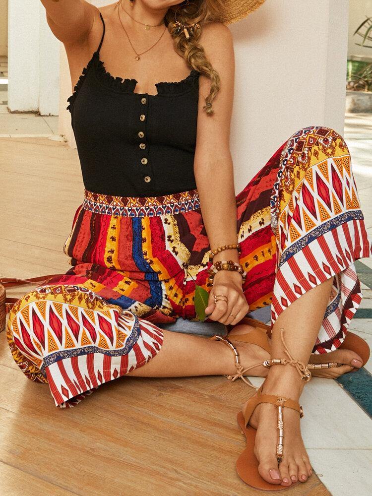 Women Colorful Ethnic Style Striped Print Loose Mid Waist Wide Leg Pants - Trendha