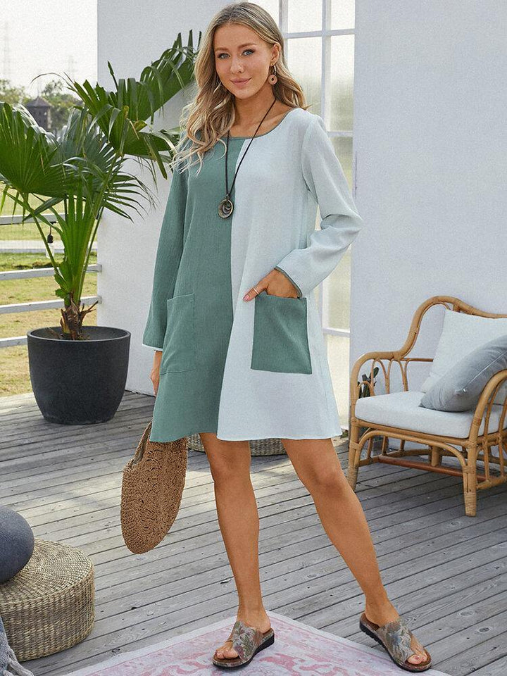 Women Contrast Color O-Neck Long Sleeve Casual Dress With Pocket - Trendha