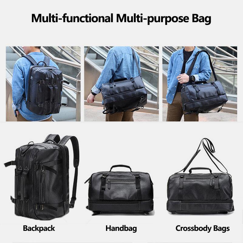 Men Multi-purpose PU Leather Backpack 15.6 Inch Large Capacity Multi-pocket Laptop Bag Handbag Crossbody Bags - Trendha