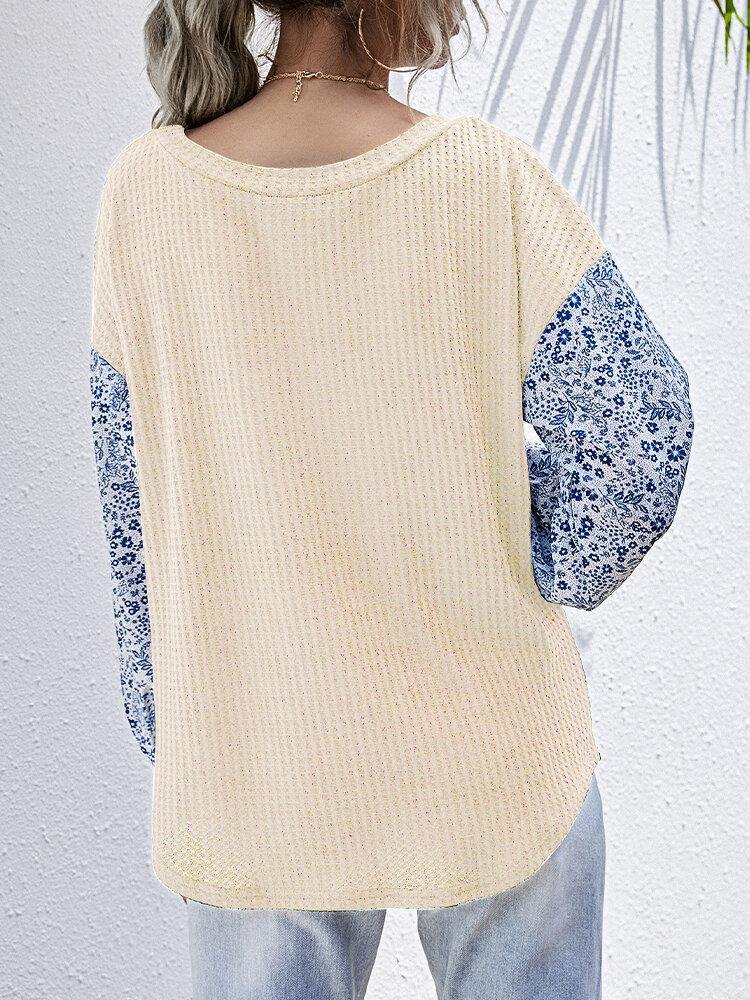 Women Ditsy Floral Print Patchwork Knit Casual Long Sleeve Sweaters - Trendha