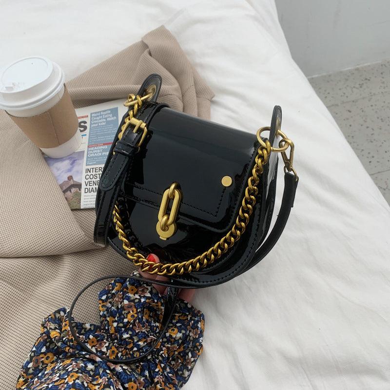 Glossy PU Chain-Detail Saddle Bag