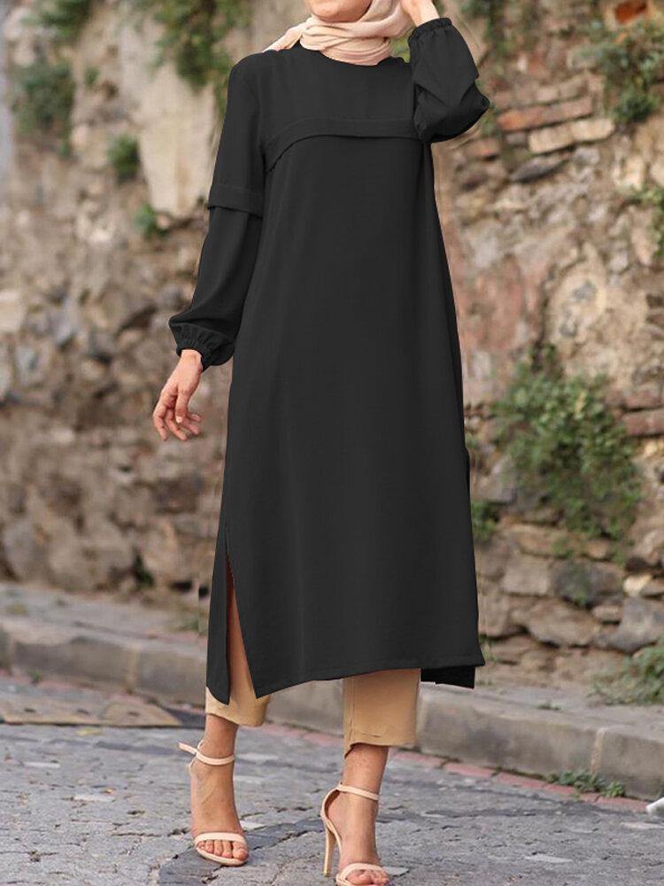 Women Solid Color Puff Sleeves Side Silt Elastic Cuffs O-Neck Casual Midi Dress - Trendha