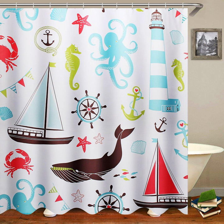 Marine Animal Bathroom Shower Curtain Toilet Cover Bath Mat Non-Slip Rug Set - Trendha